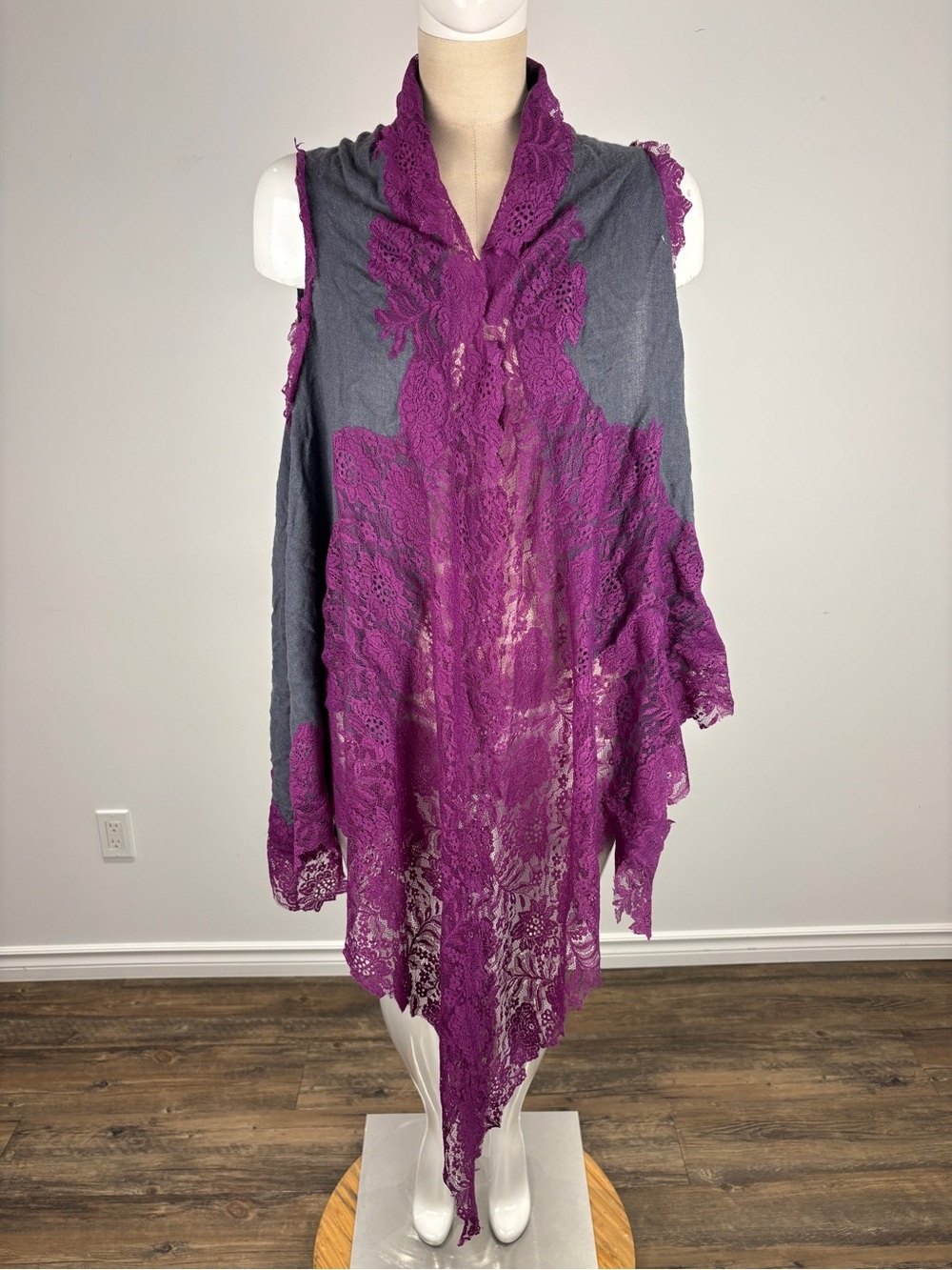 Whimsigoth Fairycore Hooded Lace Vest Charcoal Purple Asymmetric Boho OS